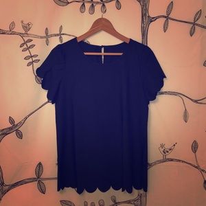 Small Navy Blue Scalloped short sleeved blouse